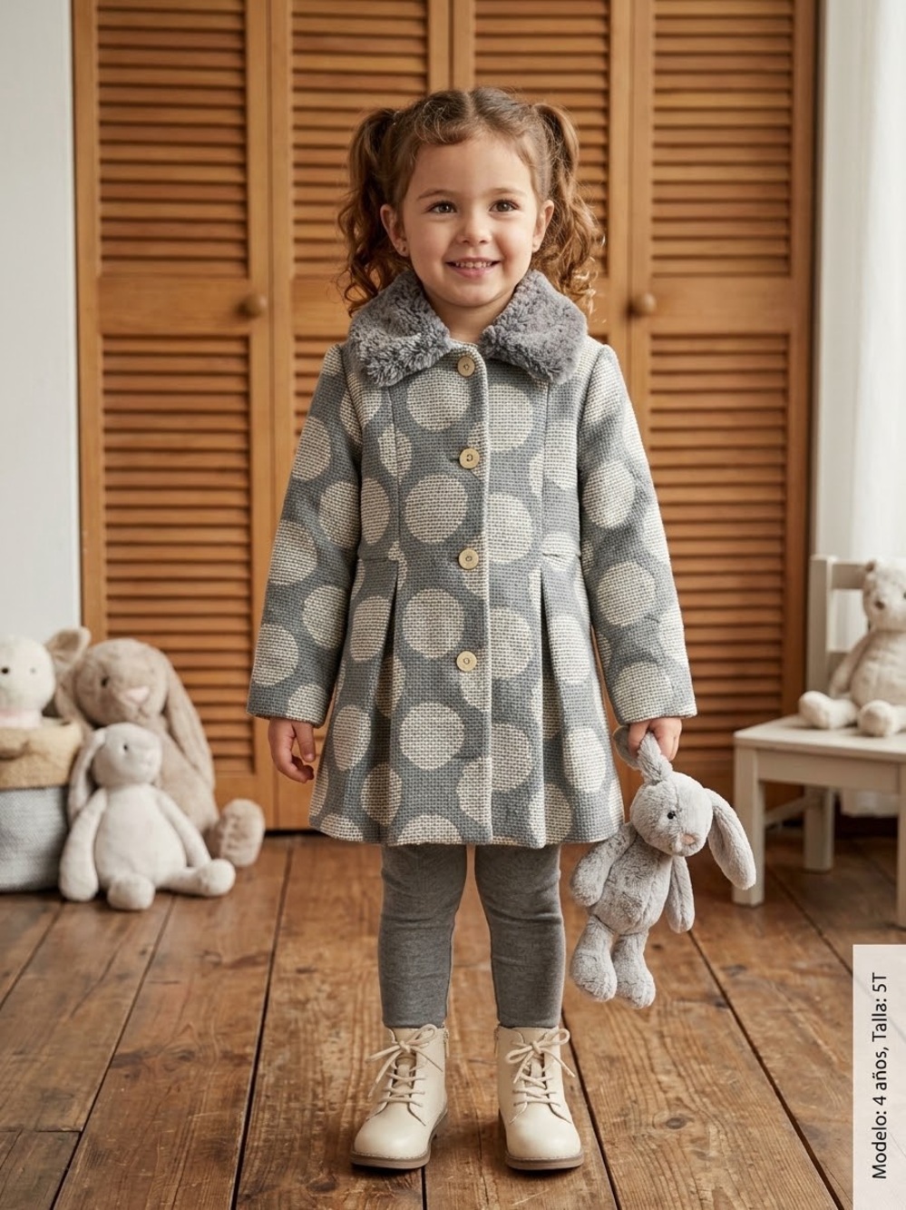 Cherokee Girls Polka Dot Peacoat Jacket Size 5T Gray White Faux Fur Collar